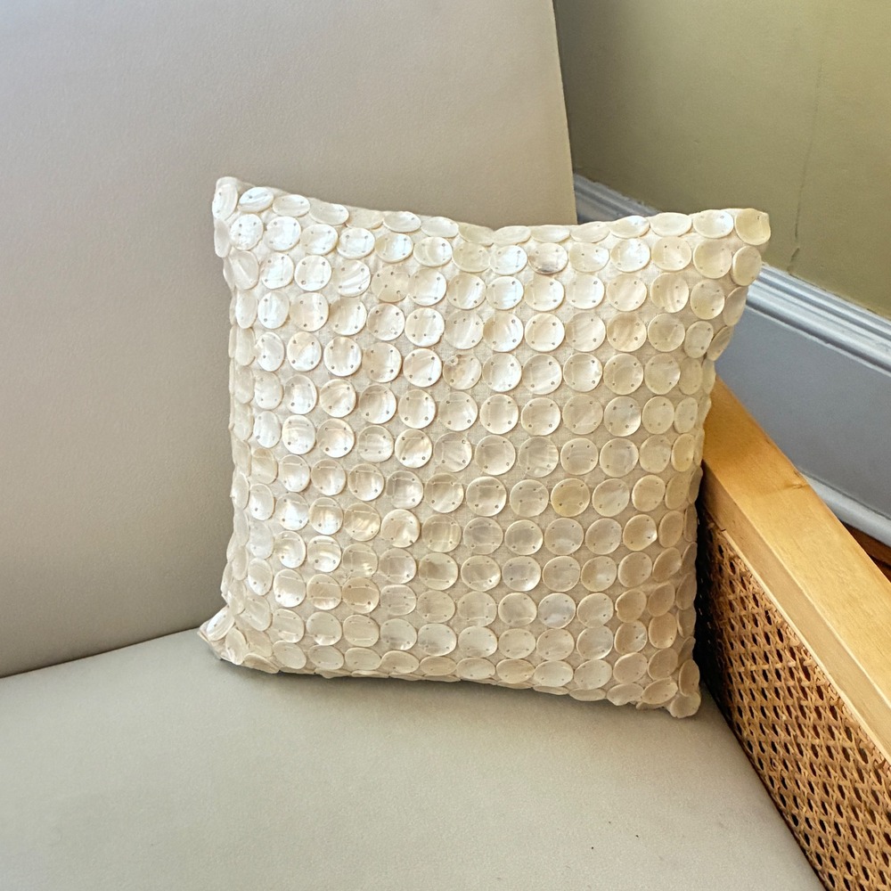 Pier 1 Throw Pillow 12x12 Cream Mother of Pearl Shell Coastal Beach Neutral